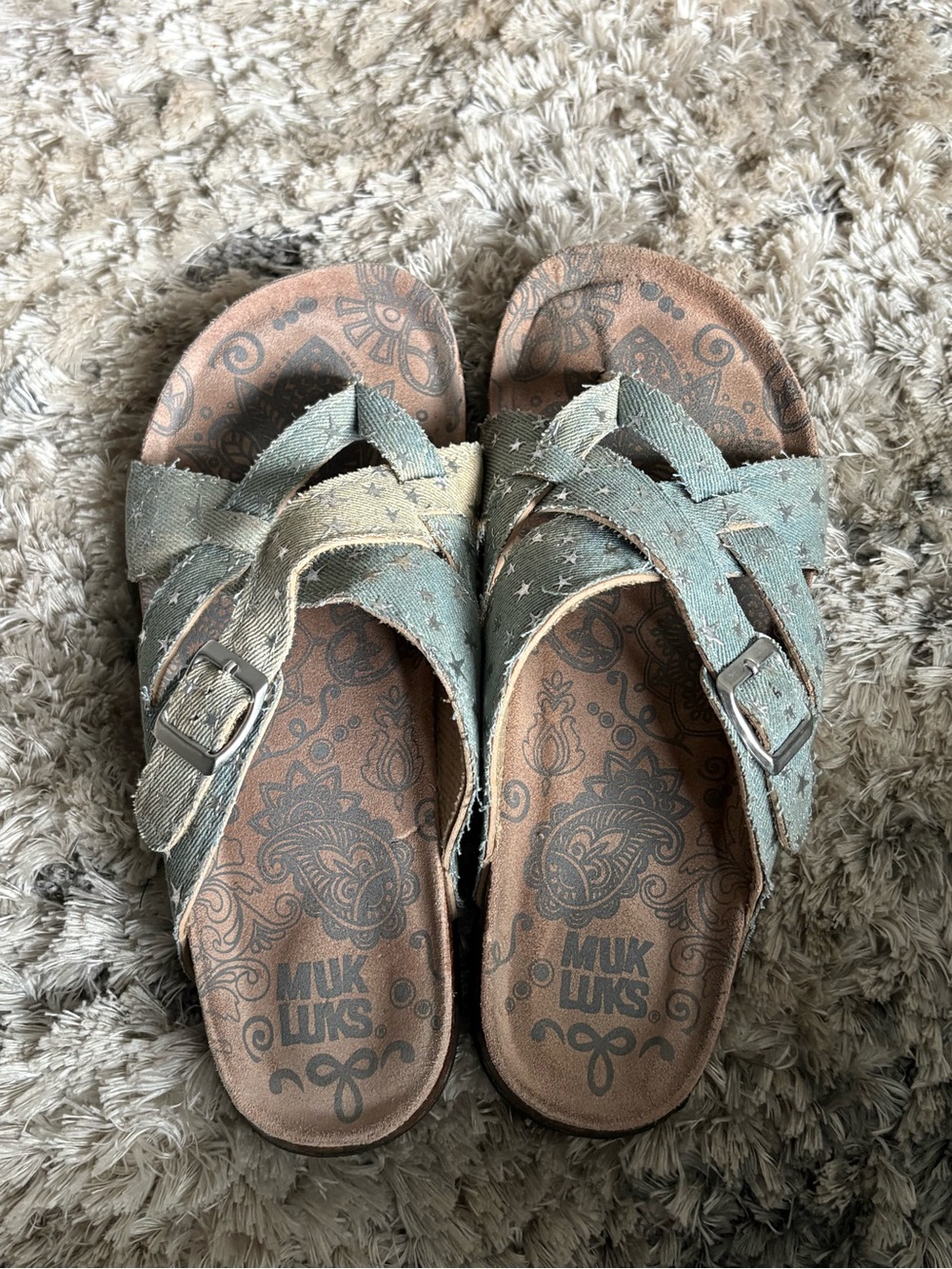 Muk Luks Denim Blue and Tan Star-Print Slide Sandals